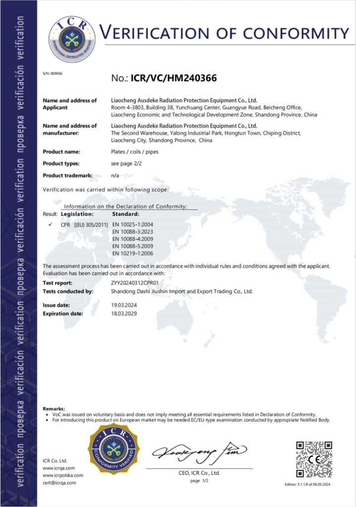 Official Verification of Conformity document ensuring OSIDEK's structural metal materials meet strict European (CE) standards for radiation shielding and cleanroom construction projects.